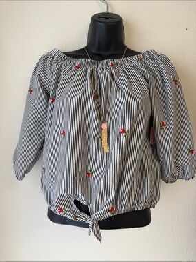 Striped Off-Shoulder Tie-Hem Blouse with Red Floral Embroidery - Women